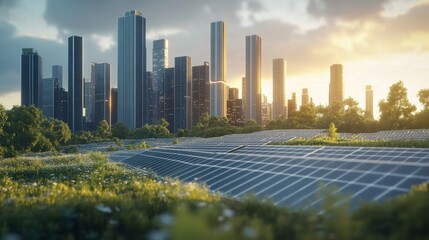 Obraz premium Modern City Skyline with Solar Panels and Lush Greenery at Sunset