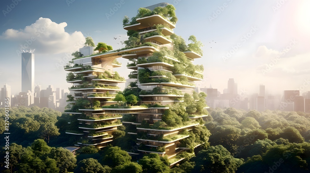 Poster innovative skyscraper design featuring integrated green technologies and sustainable building practi