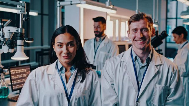 Grupo diverso de cient&iacute;ficos en laboratorio sonr&iacute;en mientras posan juntos frente a equipo cient&iacute;fico de &uacute;ltima generaci&oacute;n y microscopios.