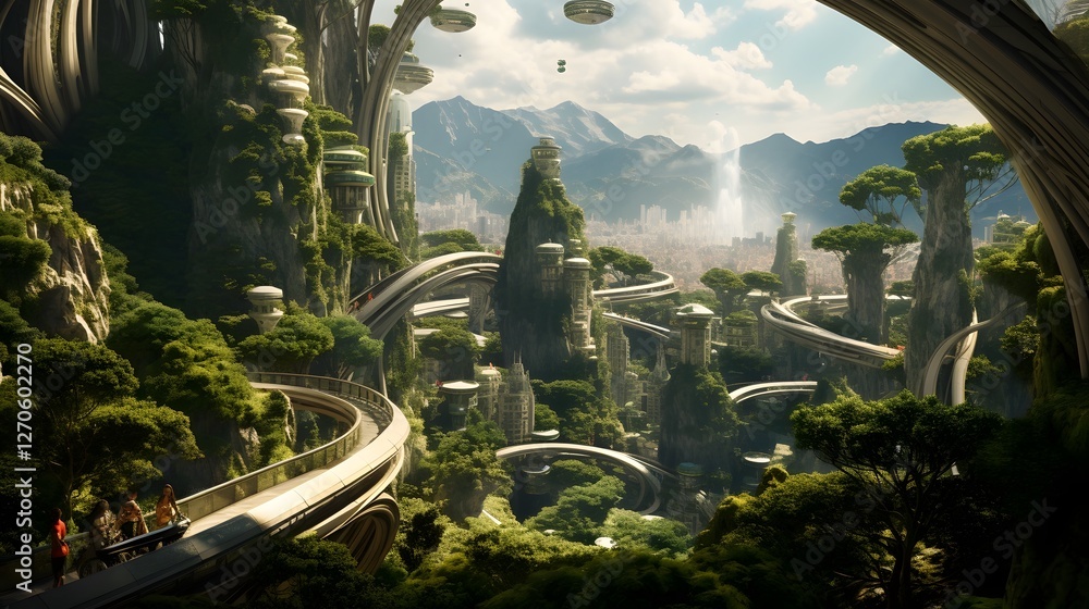 Poster harmonious fusion of nature and technology in a dynamic urban landscape a visually striking represen