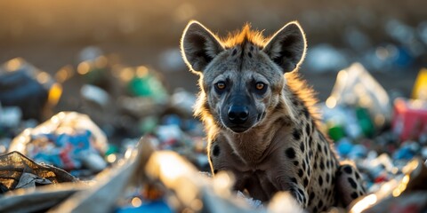 Hyena Sitting Amidst Garbage in a Wide Angle Shot Capturing Wildlife's Struggle for Survival