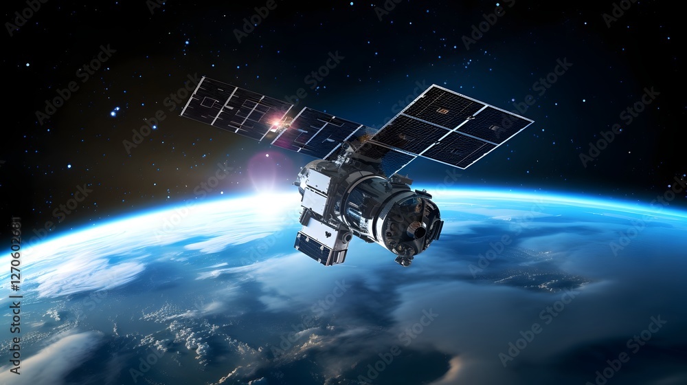Poster futuristic space satellite orbiting the earth equipped with advanced technology and connectivity fea