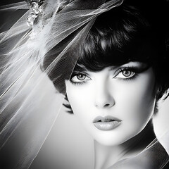 Elegant Woman in Veil Classic Beauty Portrait Black and White Artistic Rendition with Ethereal Charm