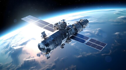 A high tech futuristic space satellite orbiting the Earth facilitating global communication networks data transmission and advanced technological connectivity for and scientific research