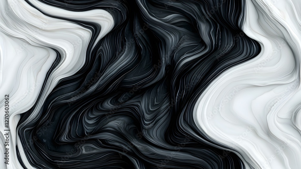 Poster the image contains an abstract artwork of swirling black and white patterns resembling marble or liq