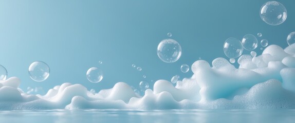 Macro shot of soap bubbles and foam on a blue background for a fresh and clean vibe -