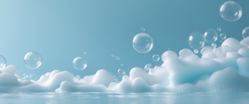 Macro shot of soap bubbles and foam on a blue background for a fresh and clean vibe -