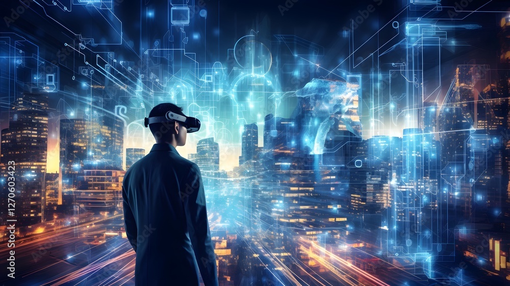 Poster a student in a modern futuristic classroom setting using a virtual reality headset for an immersive 