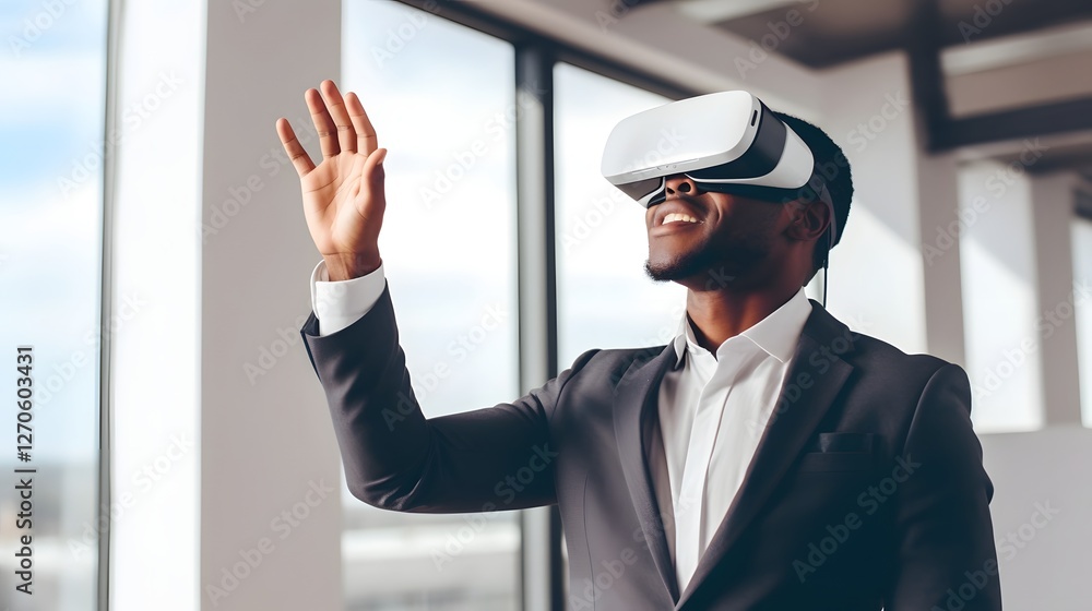 Poster student using immersive virtual reality headset technology for futuristic interactive classroom lear