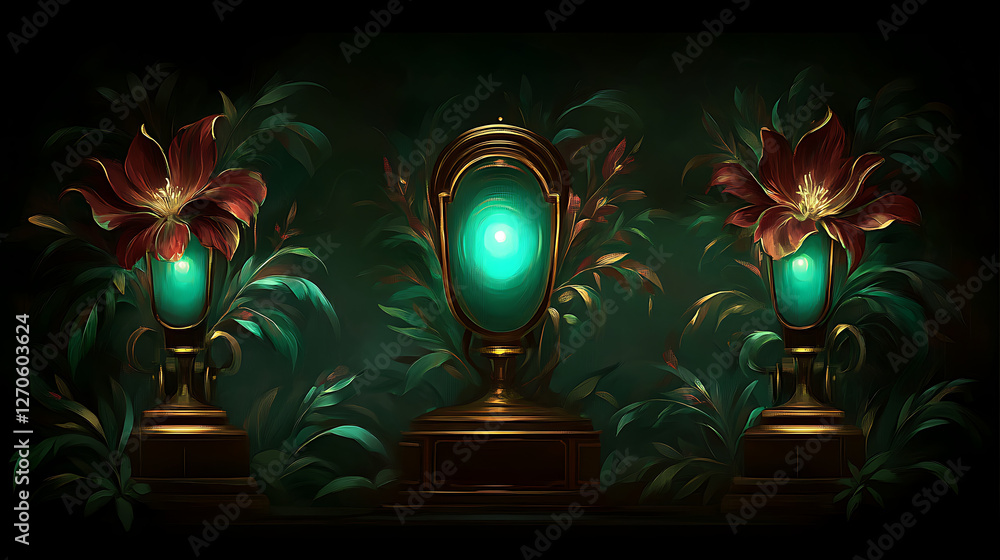 Aufkleber emerald gateway between worlds with lush flora and magical artifacts in a mystic garden setting