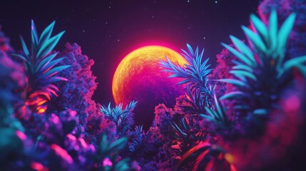 Surreal Neon Landscape with Tropical Foliage and Glowing Celestial Body in Night Sky