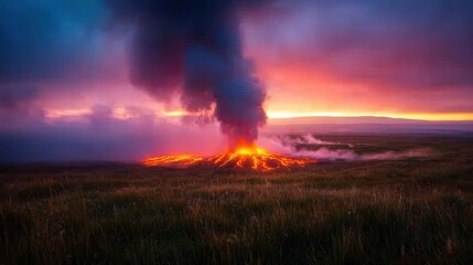 Volcanic landscapes idea. A stunning volcanic eruption at sunset, with vibrant colors and smoke billowing upward.