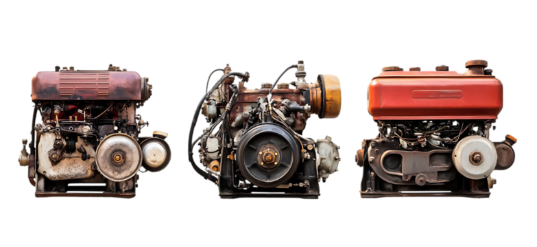 Three Vintage Boat Engines Industrial Machinery Red Brown old set ship rusty metal parts  