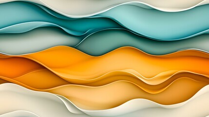 The image contains an abstract design featuring layers of wavy, overlapping shapes in shades of teal, orange, and off-white.The image shows a series of undulating, layered shapes in shades of teal, o
