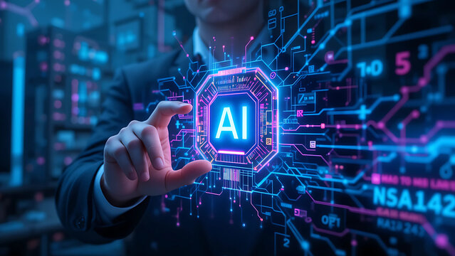 Businessman interacting with AI interface, digital network visualization