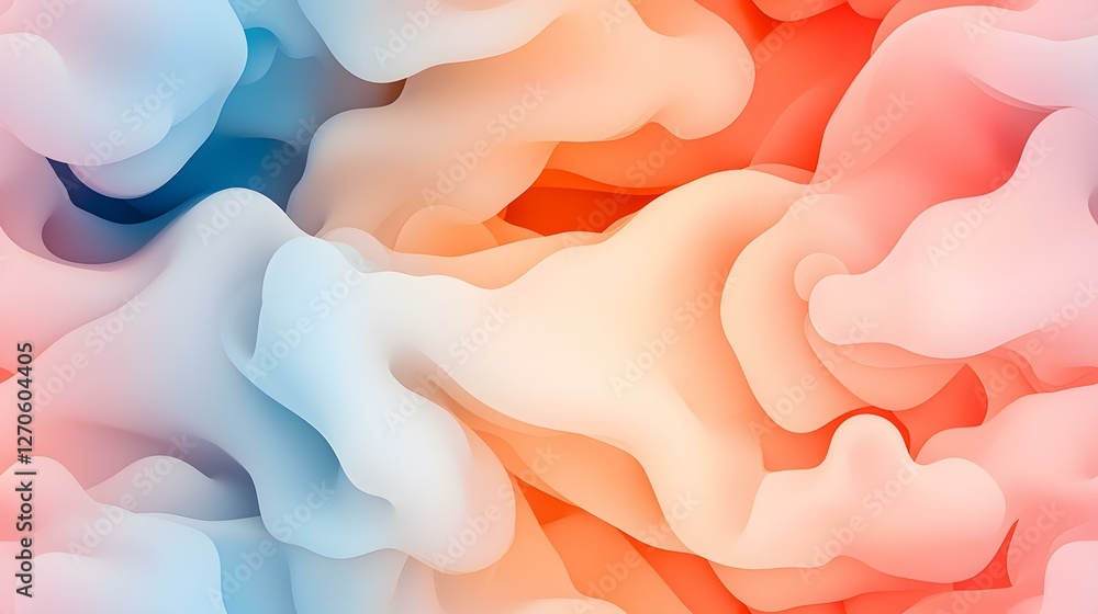 Poster the image contains an abstract pattern of flowing, pastel-colored shapes in shades of blue, peach, a