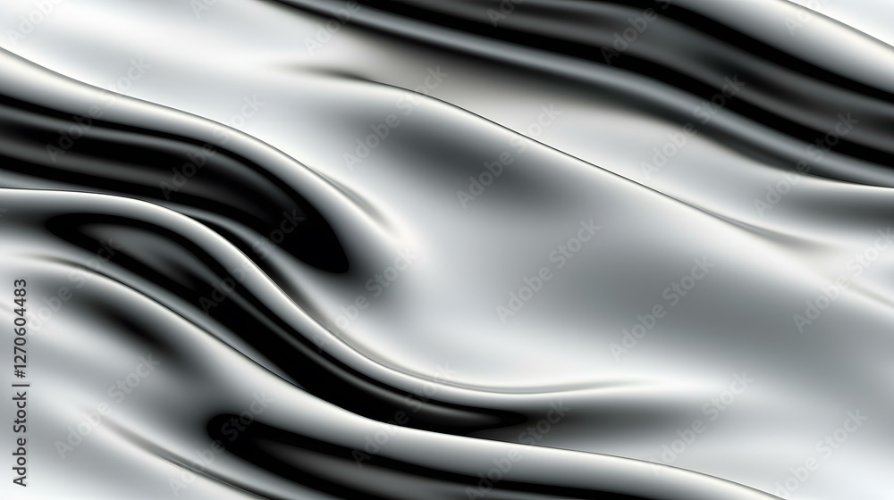 Poster the image shows an abstract rendering of flowing, reflective material in shades of gray and black, r