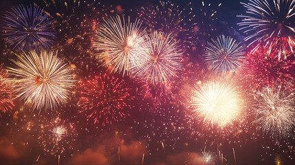 Spectacular explosions of vivid fireworks illuminating the night sky