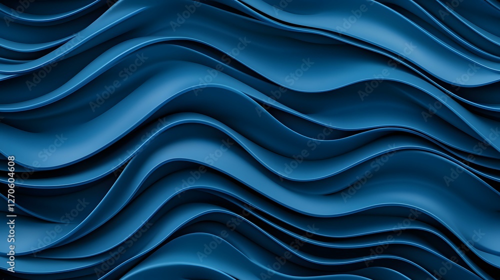 Poster the image contains an abstract pattern of overlapping, wavy, dark blue ribbons or layers creating a 