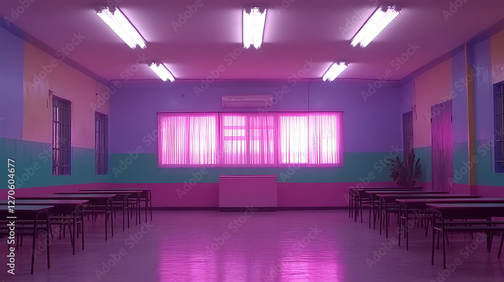 Poster empty school classroom with rows of desks and fluorescent lights with mysterious ambiance