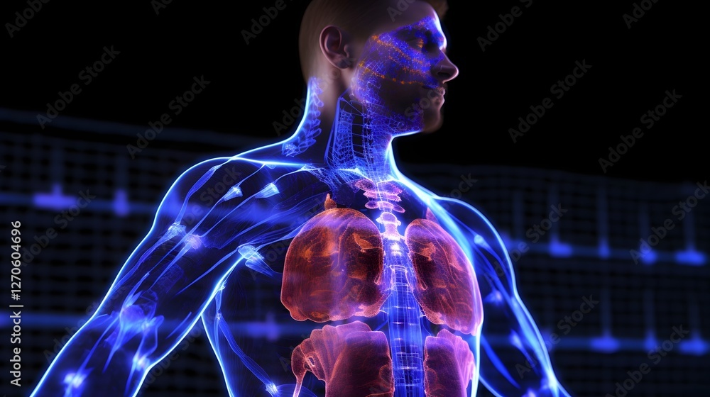 Poster a futuristic holographic 3d body scan displaying detailed medical diagnostics and biometric data on 