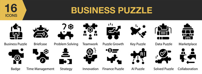 Obraz premium Business Puzzle solid icon set. Includes solution, together, idea, team, teamwork, and More. Solid icons vector collection.