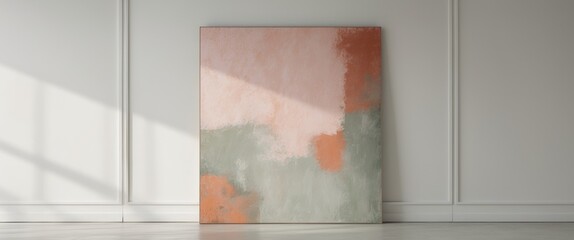 Abstract artwork combining soft pink and muted earth tones creates a calming visual experience in a contemporary setting