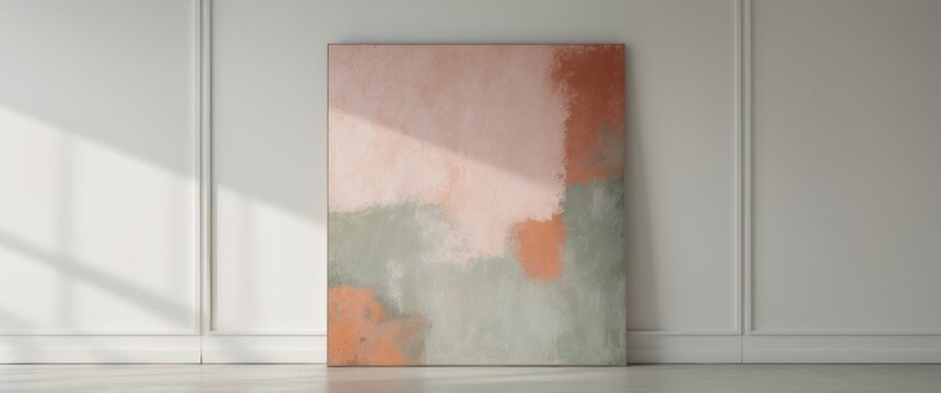 Abstract artwork combining soft pink and muted earth tones creates a calming visual experience in a contemporary setting