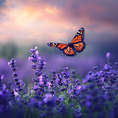 A butterfly is flying over a field of purple flowers