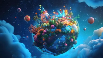 Vibrant Fantasy Island with Colorful Landscape and Dreamy Sky