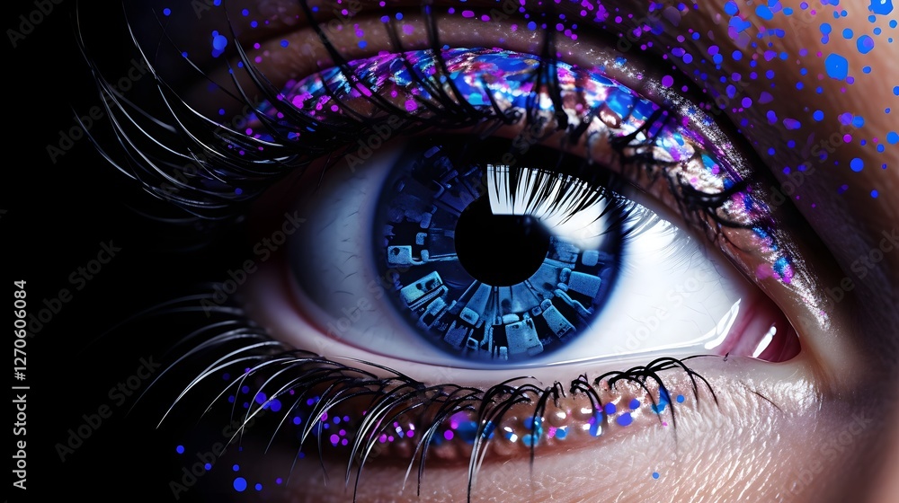 Poster a captivating image showcasing a cybernetic eye with a sleek metallic iris and mesmerizing neon patt