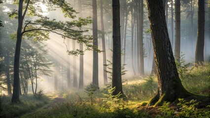 Obraz premium Enchanting Misty Forest with Soft Spotlight - Nature's Serenity in Product Photography