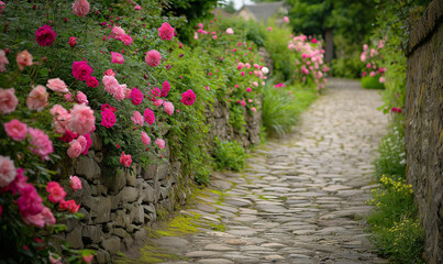 Slate stone wall in charming English garden with roses and natural beauty