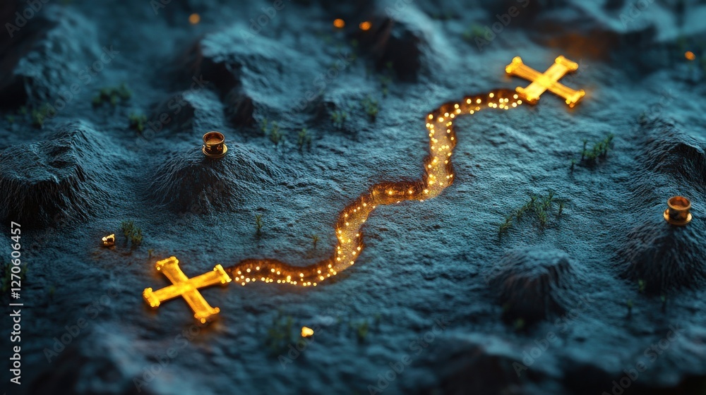 Poster glowing path with crosses over a dark terrain in a mystical landscape