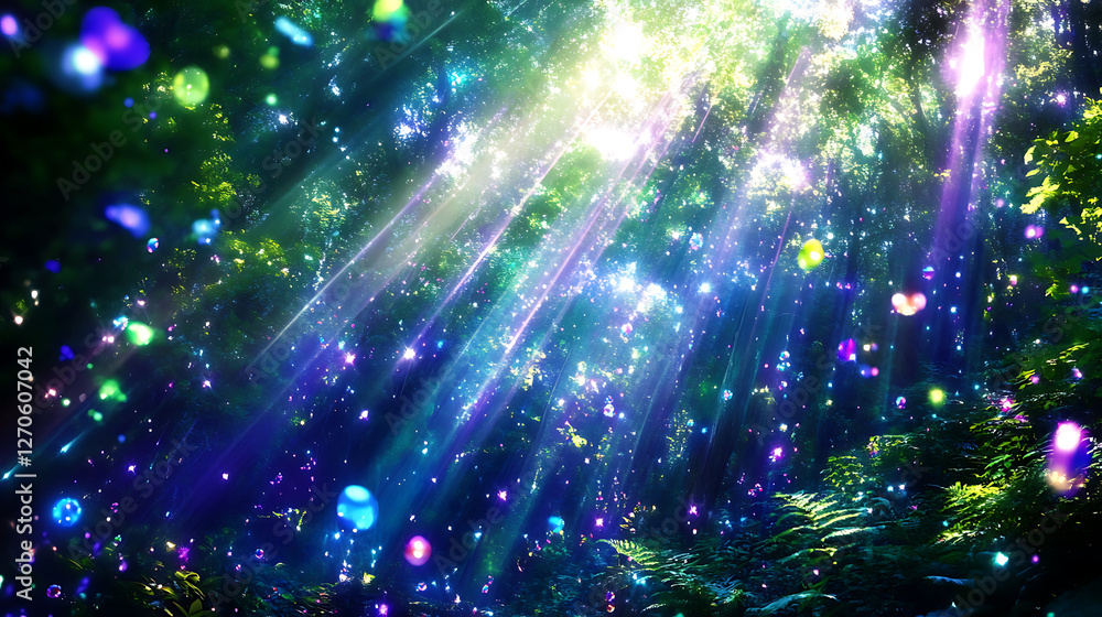 Poster enchanted forest light rays gleaming through trees fantasy atmosphere surreal nature view magical sc