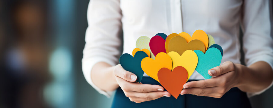 Naklejki Colorful heart shapes held by a person signify love and connection in a warm, inviting atmosphere