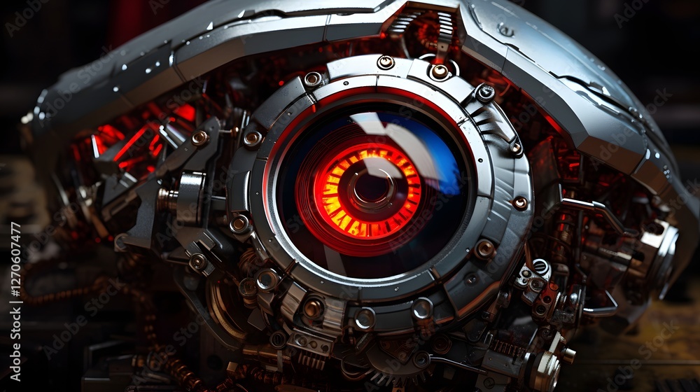 Poster close up view of a highly detailed mechanical robotic eye featuring intricate metallic textures and 