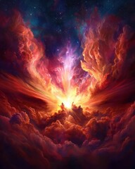 A vibrant cosmic explosion illuminates the clouds, showcasing brilliant shades of orange, purple, and blue against a starry backdrop.