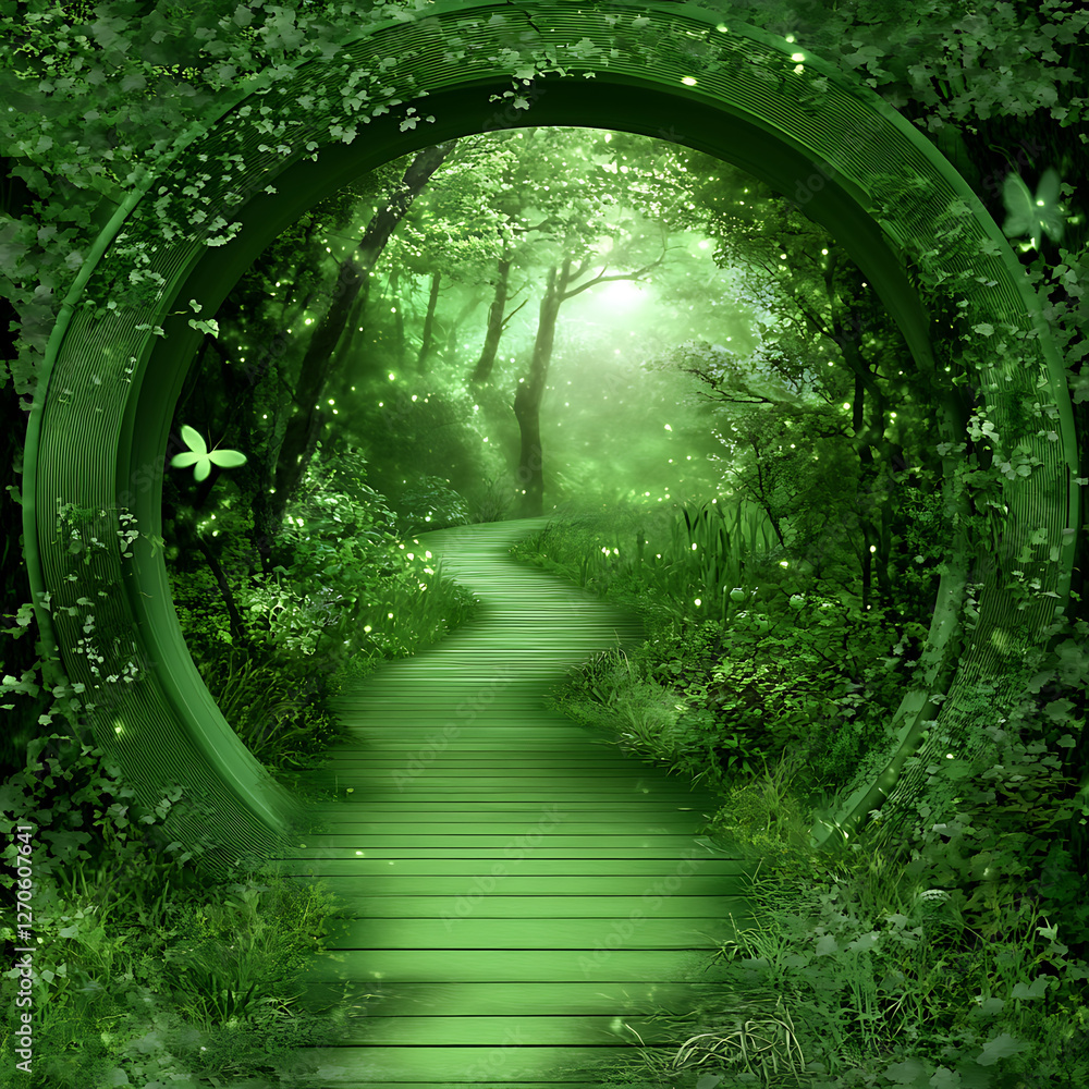 Poster enchanted forest path through a round portal with magical glowing particles and butterflies