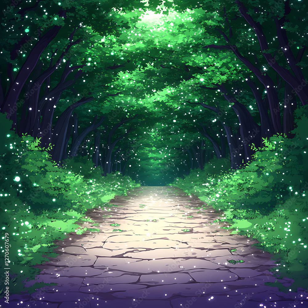 Poster enchanted forest path through lush green trees with sparkling light and fairytale atmosphere
