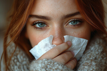 Woman with nasal congestion holding tissue, red nose, tired eyes, cozy indoor setting.