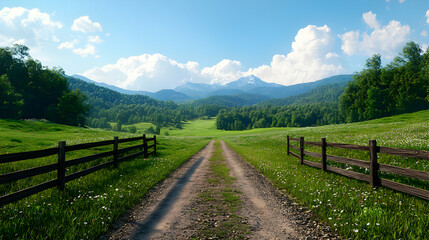 Idyllic Landscape Featuring Green Meadow Dirt Road Wooden Fence and Distant Mountains Under Clear Sunny Skies