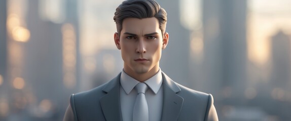 Business figure in front of cityscape neutral tones daylight.