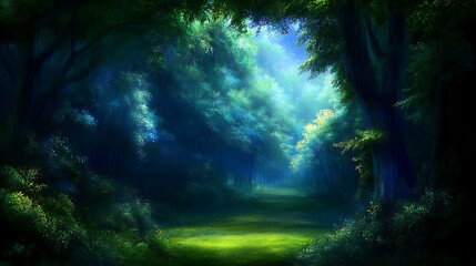 Enchanted Forest Pathway with Verdant Canopy and Glimmering Sunlight Through Tree Branches Scenery
