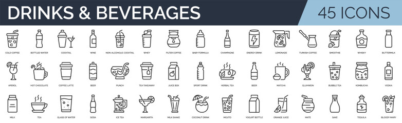 Set of 45 outline icons related to drink and beverages.  Linear icon collection. Editable stroke. Vector illustration	