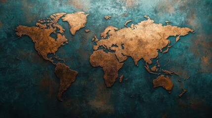 A textured world map in bronze shades contrasts against a turquoise background, creating a visually striking piece of art.