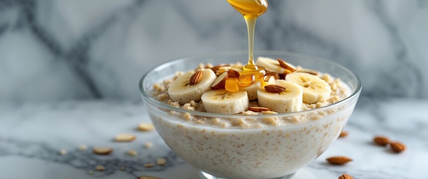 Banana oatmeal with honey and almonds in a glass bowl on a marble background.