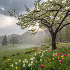 Obraz premium serene park scene featuring blooming tree and vibrant wildflowers under spring rain. landscape is filled with colorful tulips and daffodils, creating picturesque atmosphere