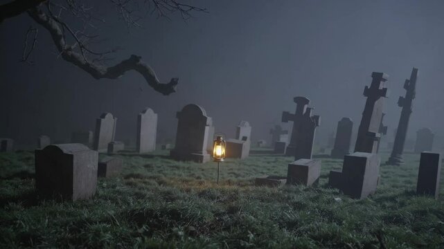 Eerie graveyard scene at night with fog, lantern, and twisted tree. Low-angle shot enhances the haunting atmosphere, ideal for a horror video.