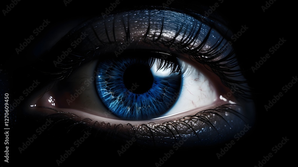 Poster captivating digital visualization featuring a glowing luminous eye surrounded by deep blue ethereal 